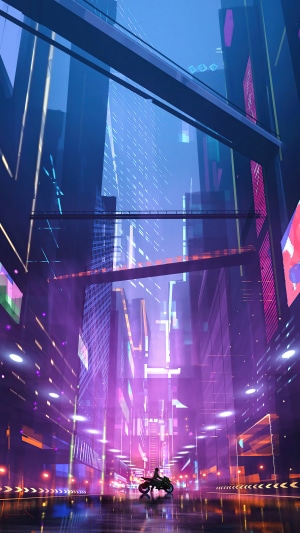 Cyberpunk city street with a motorcycle rider