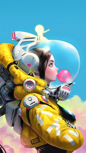 Astronaut girl blowing bubble gum with a small figure in helmet