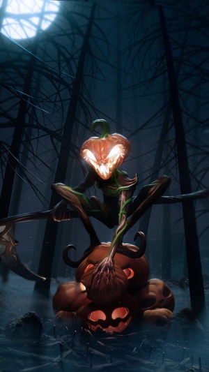 Scary pumpkin creature in a dark forest at night