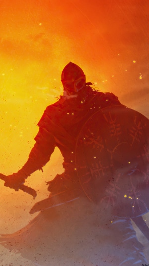 Viking warrior with shield and sword in fiery background
