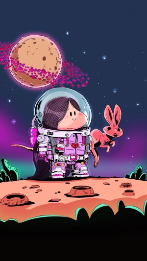 Astronaut girl with bunny on alien planet