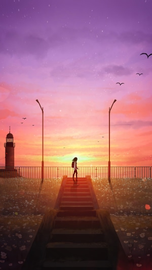Person walking on stairs towards lighthouse at sunset