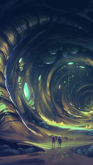 Digital art of two figures in a cave