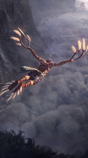 Artwork of a person with mechanical wings flying