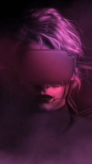 Cyberpunk artwork of a woman wearing a VR headset