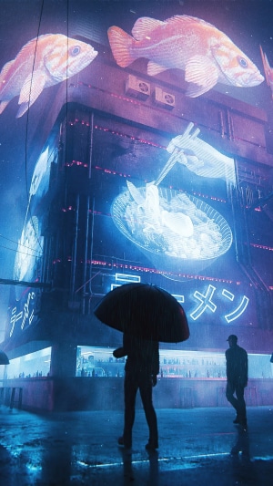 Cyberpunk ramen shop in the rain with holographic fish