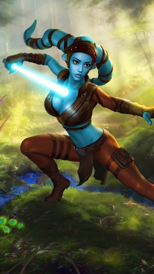 Aayla Secura from Star Wars with a lightsaber