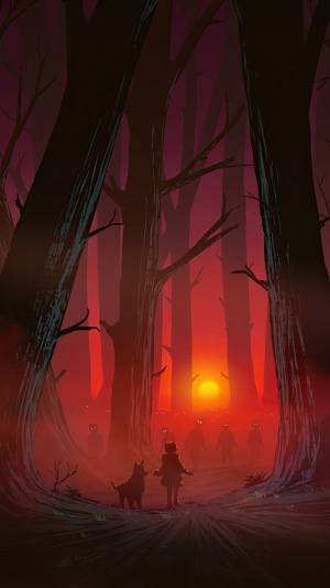 Girl and dog in a dark forest with creatures