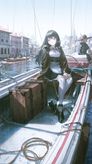 Anime girl smoking on a boat in Venice