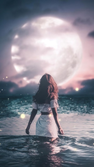 Woman standing in water under a large moon