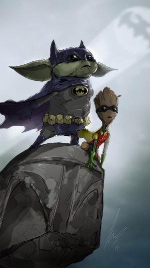 Baby Yoda as Batman and Baby Groot as Robin