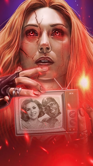 Scarlet Witch from Wanda Vision holding a vintage TV