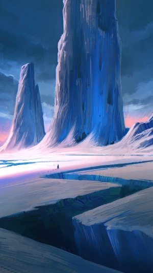 Digital art of icy mountains and a lone figure