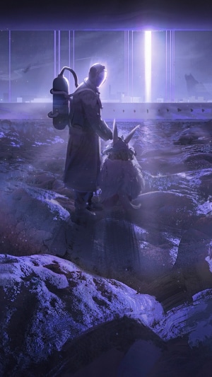 Man and creature in a futuristic landscape