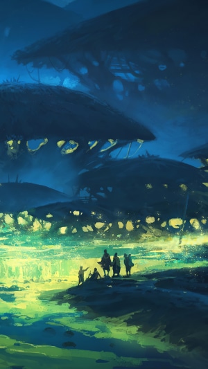 Alien landscape with glowing flora and explorers