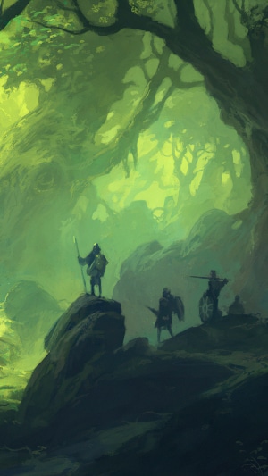 Warriors in a mystical green forest