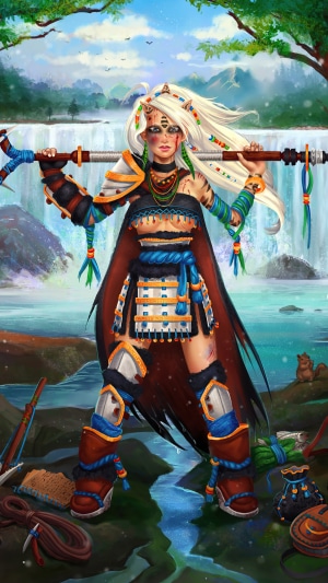 Warrior woman with staff in front of waterfall