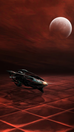 Sci-fi spaceship on a red tiled surface under a moon