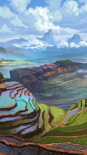 Terraced landscape with mountains and clouds