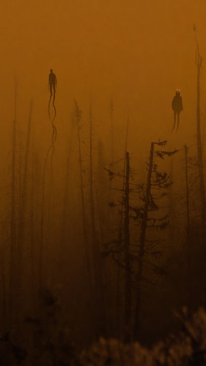 Two figures in a misty forest artwork
