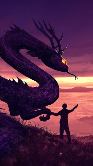 Dragon and person at sunset, digital art