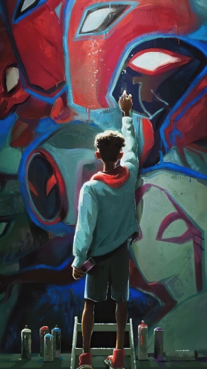 Miles Morales painting Spider-Man mural