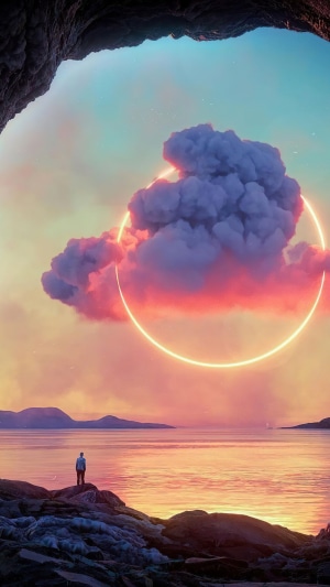 Man standing on rocks looking at surreal sky with glowing ring and clouds