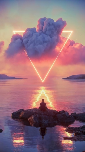 Man meditating on rocks in lake with neon triangle