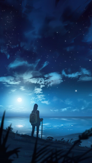 Woman with backpack looking at the starry night sky over the ocean