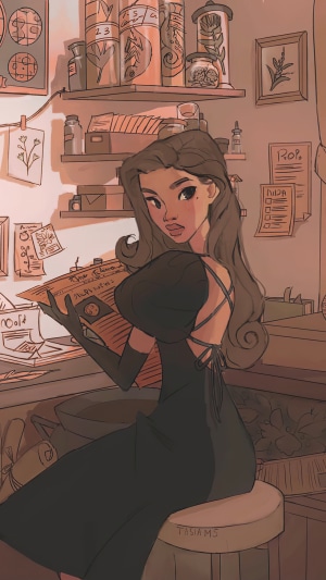 Witch in a black dress at a desk