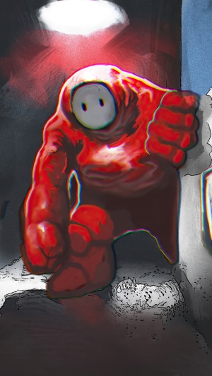 Red Among Us character in a dark room