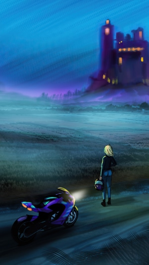 Biker girl and motorcycle in front of a castle