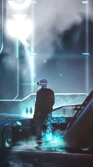 Cyberpunk artwork of a person with VR headset near a car