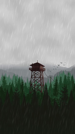 Firewatch tower in a rainy forest