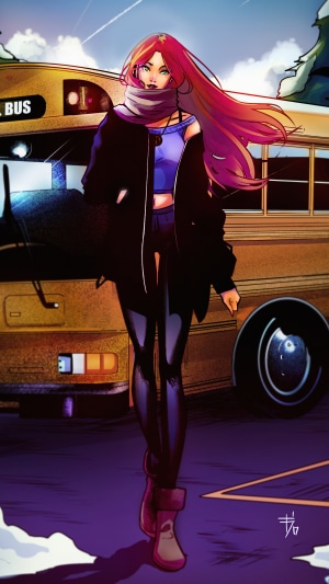 Starfire walking in front of a school bus in the snow