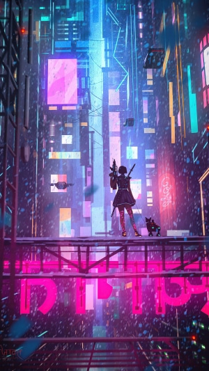 Cyberpunk girl with rifle and cat in neon city