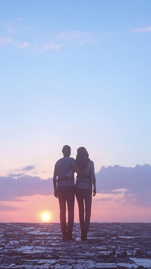 Couple watching sunset over textured ground, digital art