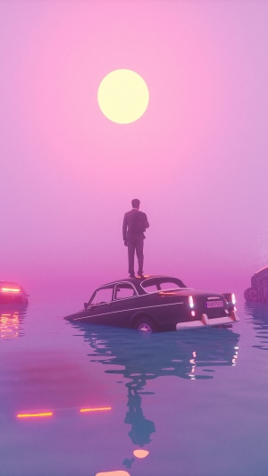 Man standing on a car in pink water