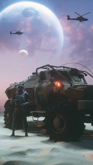 Soldier and military vehicle on alien planet with helicopters