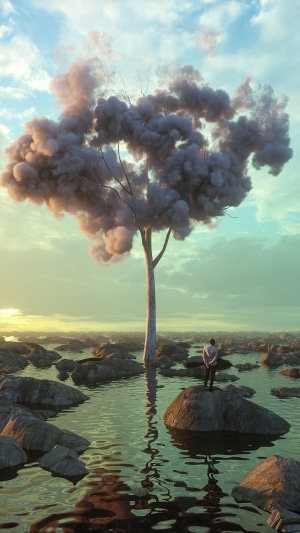 Man standing on rocks in water near a tree with smoke