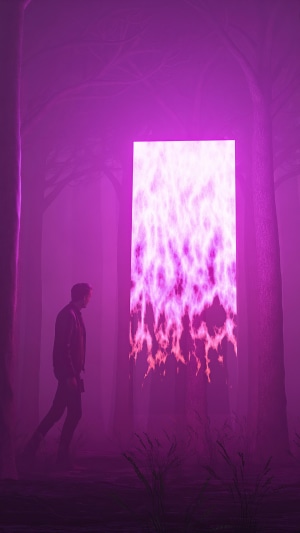 Man walks towards a glowing pink portal in a foggy forest
