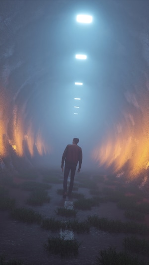 Man walking in a foggy tunnel with lights