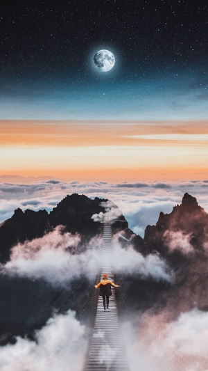 Person on a bridge over clouds under moon and stars