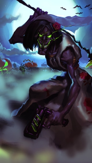 Halloween zombie witch with gun and pumpkins