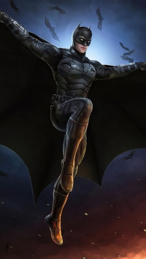 Batman in a dark suit with bats flying around