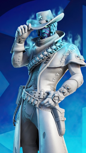 Fortnite character in white cowboy outfit with blue smoke