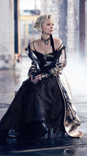 Mia Wasikowska in a sparkling dress and coat