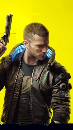 V from Cyberpunk 2077 holding a gun