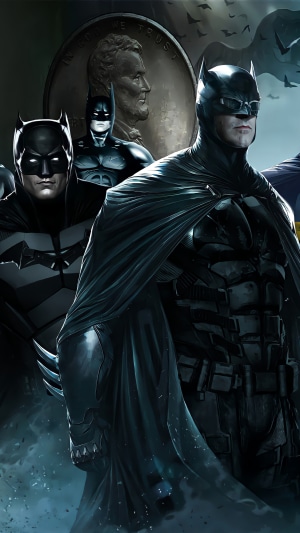 Batman artwork featuring multiple Batmen and Abraham Lincoln coin