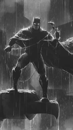 Batman standing on a gargoyle in the rain
